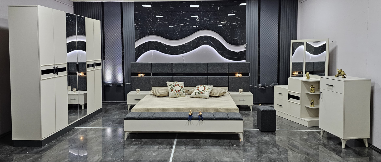 CHAMBRE A COUCHER 6BATTANTS 4PIECES BLANC GRIS DIDIM chambre a coucher 6battants 4pieces blanc gris didim