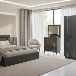 CHAMBRE A COUCHER ARMOIRE 6BATTANTS 5PIECES ANTHRA GRIS CAC016 4083